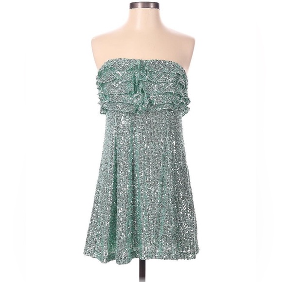 FREE PEOPLE Frida Seafoam Green Sequin Ruffle Dress Size 8 - MSRP $168 NEW - Picture 3 of 7